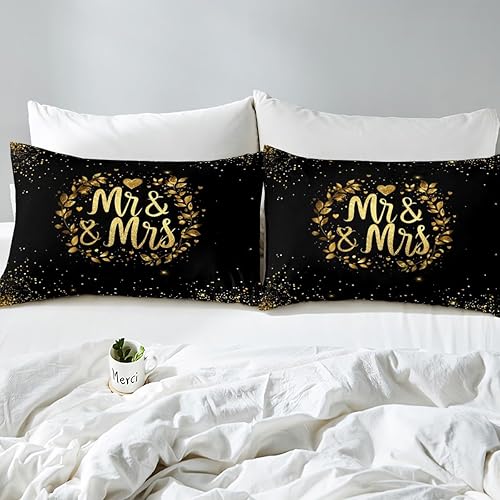 Miniatura 4 de Erosebridal Mr and Mrs Gifts - Sábana bajera ajustable con lentejuelas negras y doradas, juego de sábanas de corazón dorado con purpurina para
