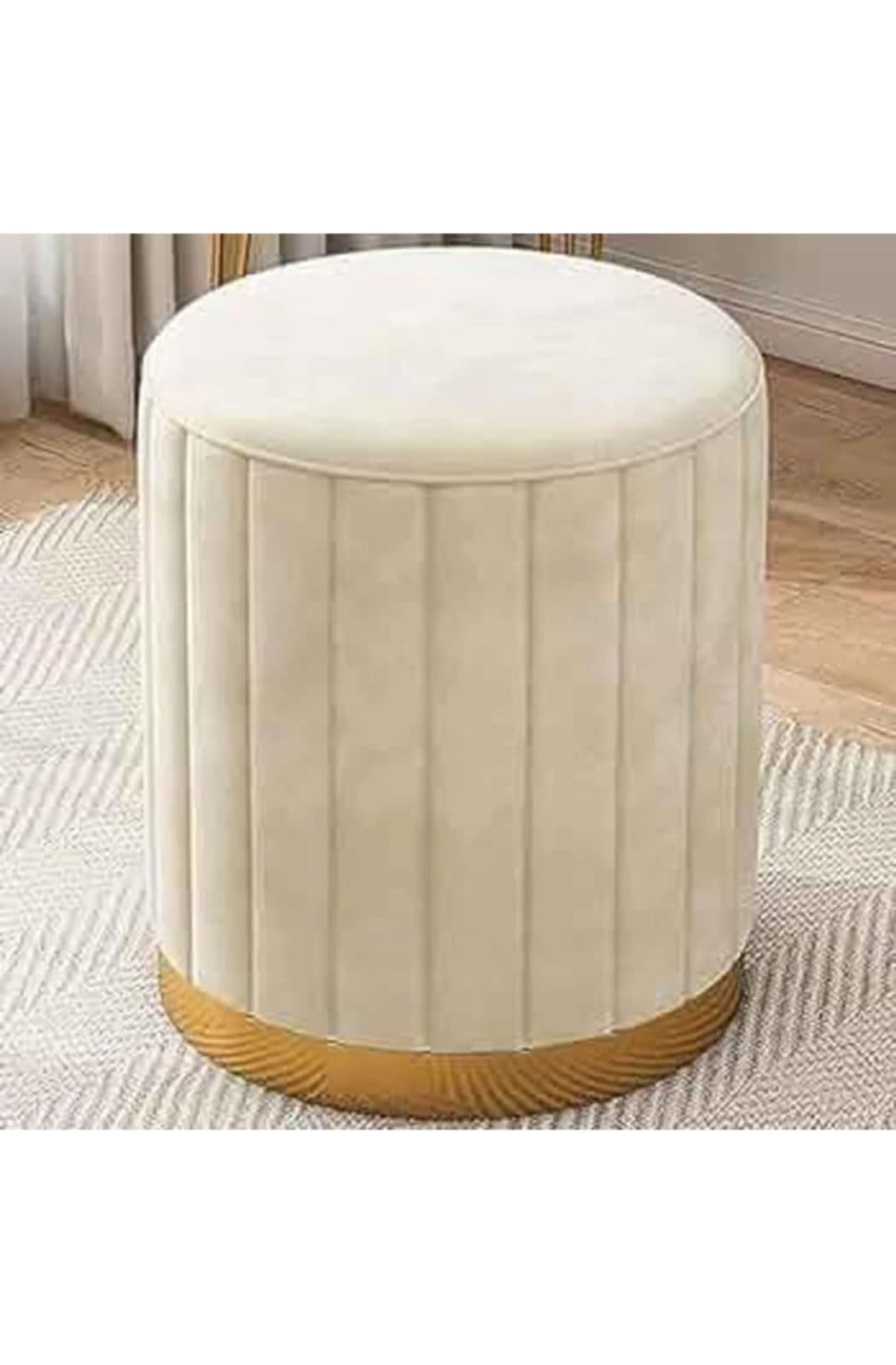 Heaven Craft's Velvet Puffy Ottoman Stool for Living Room | Round Footrest Pouffe with Gold Accent Band | Soft Cushioned Seat for Dressing Table, Bedroom & Home Decor (Beige)-image-15