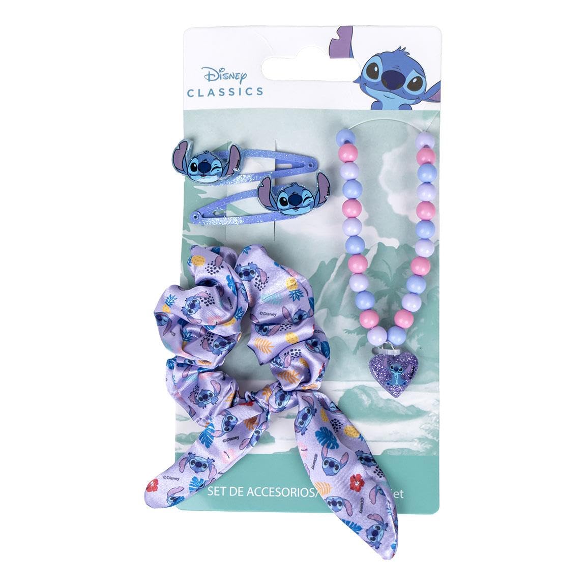 Stitch zestaw urody dla dzieci - 1 gumka do włosów, 2 spinki do włosów i 1 naszyjnik - klips do twarzy - oryginalny hiszpański produkt