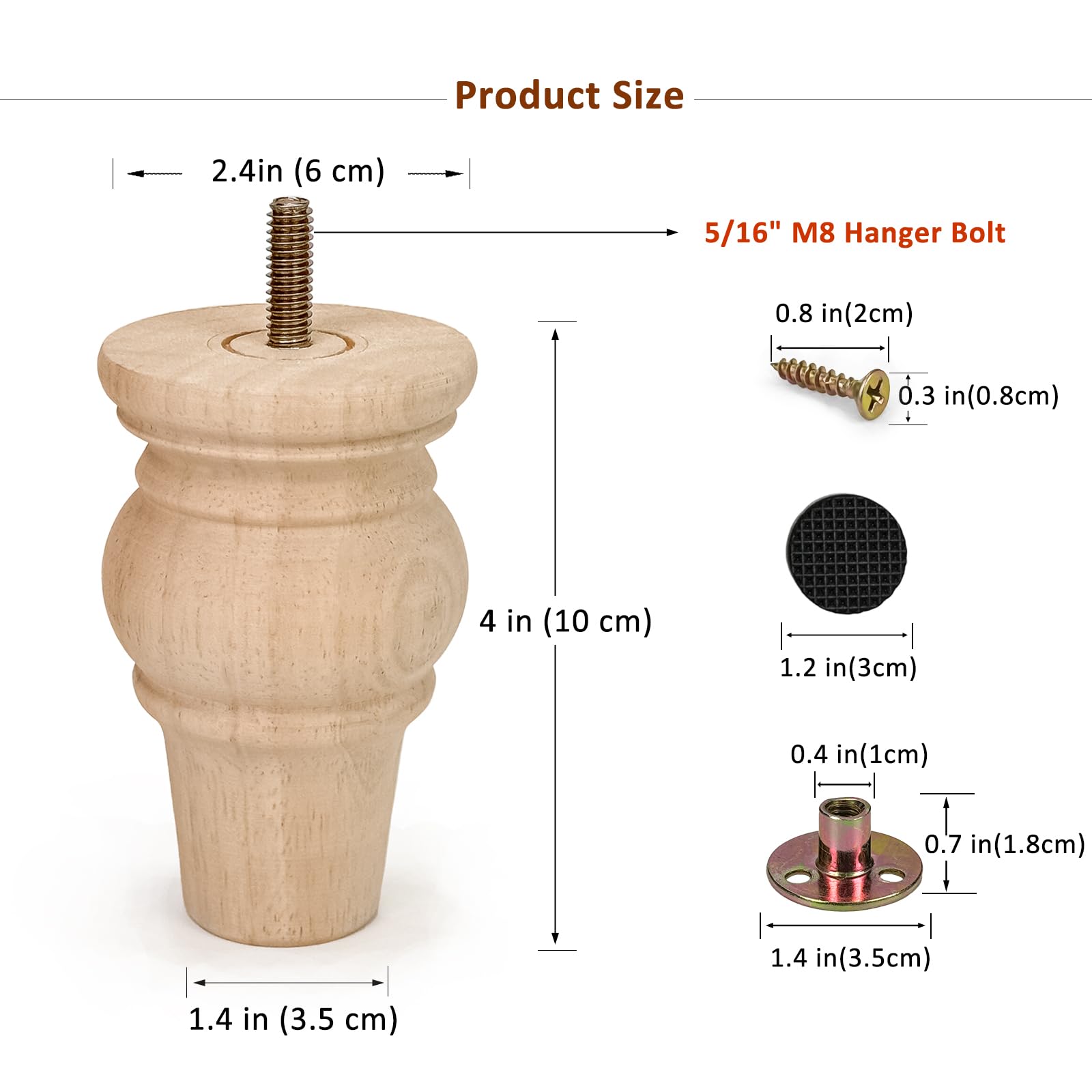 Aiminjey 10cm Wooden Furniture Legs with Mounting Plates Screws Set of 4 Solid Wood Unfinished Round Replacement Furniture Feet for Couch Cabinet Sofa Ottoman TV Stand Home DIY Projects - Image 3
