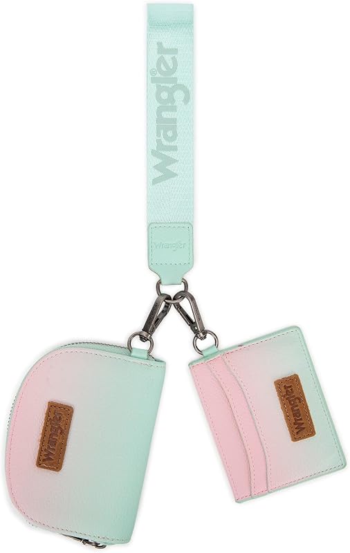 Wrangler Keychain Wallet for Women, Dual Pouch Wristlet with Coin Purse | Gradient zip coin pouch and card holder with detachable wrist strap and key ring; compact for cards, cash, coins and keys