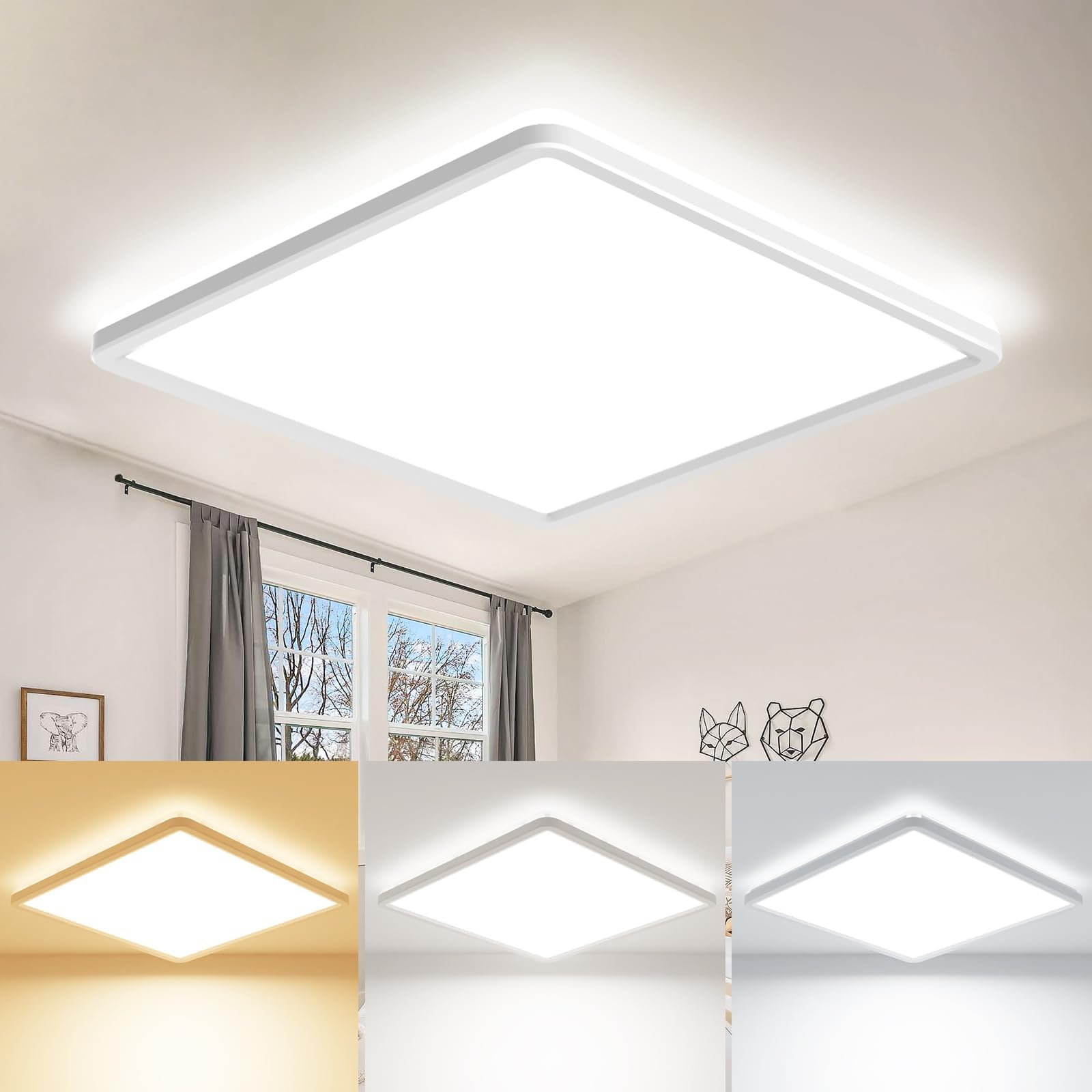 zemty 22CM LED Ceiling Lights, 3000K/4000K/6500K Waterproof Bathroom Light, 18W 1950LM Modern Square Flush Ceiling Lighting Fixture for Kitchen Hallway Bedroom Office Porch Garage