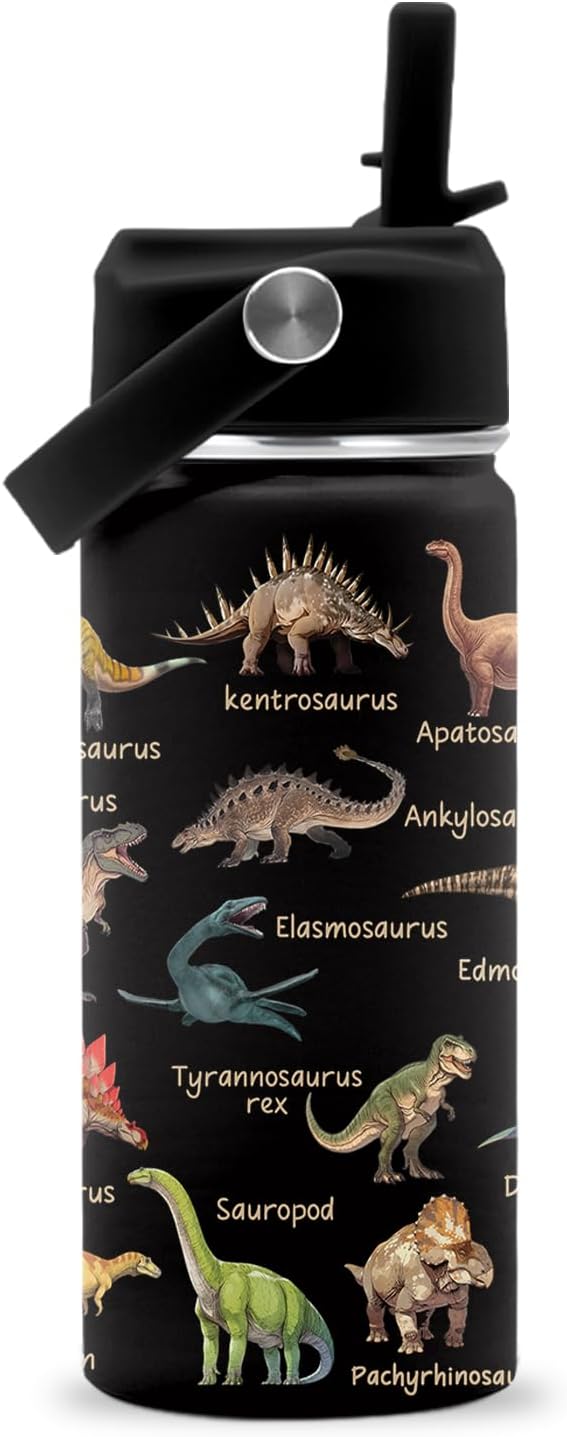 FAIVHSO Dinosaur Gifts, 16 oz Water Bottle with Straw Lid, Stainless Steel Insulated Water Bottle for Travel Outdoor, Dinosaur Cup for Dinosaur Lovers (1pcs)