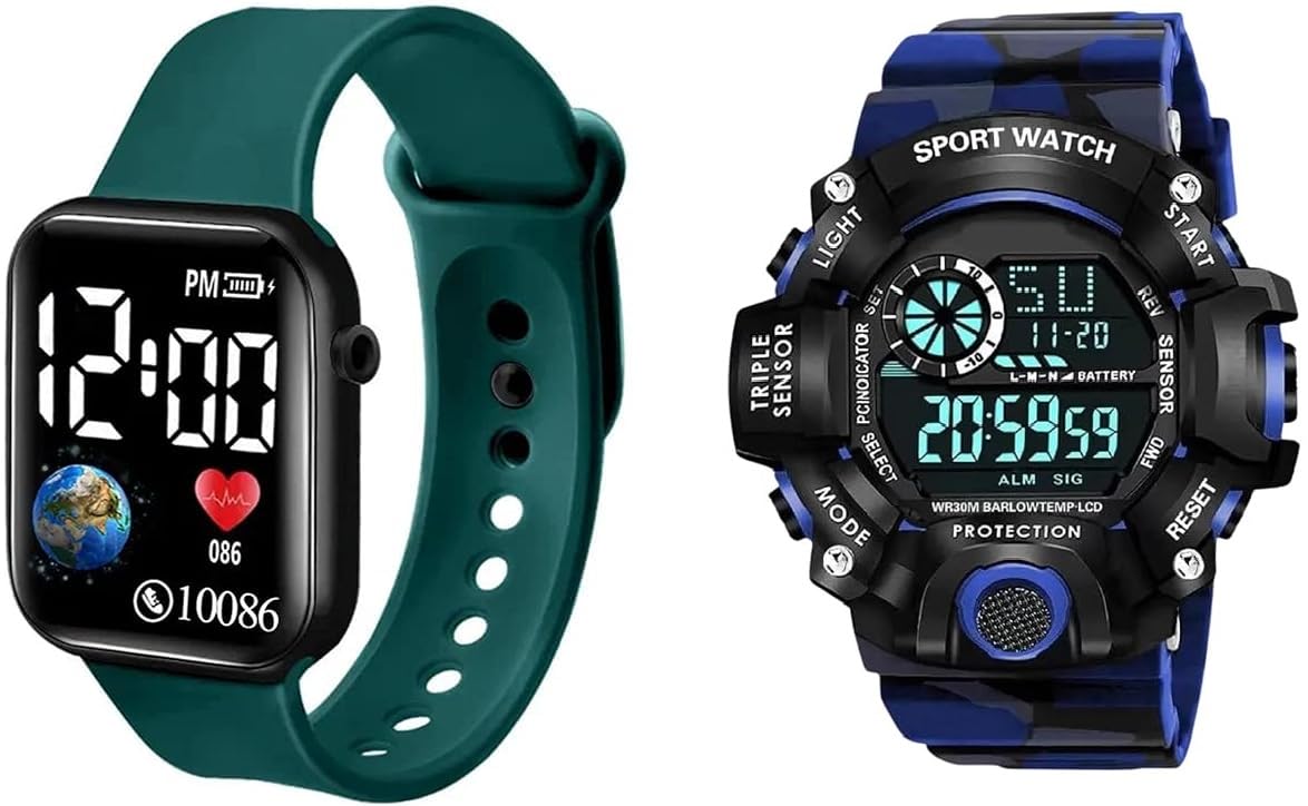 Combo Digital Watches Waterproof Sports Square Electronic Led Watch for Kids, Boys & Girls & Shockproof Multi-Functional Automatic Color Army Strap Waterproof Digital Sports Watch for Men's (Green & Blue) Pack Of 2-image-13