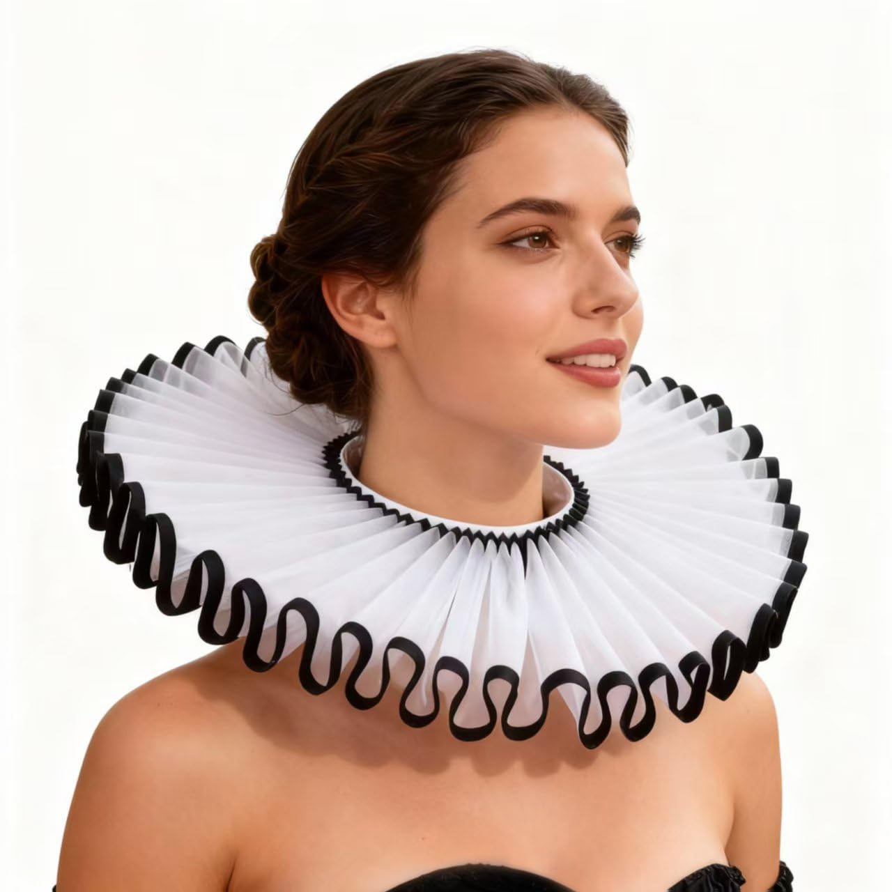 Tanganan Victorian Retro Mesh Neck Ruff Ruffle Collar Layered Clown Neck Collar Clown Choker for Halloween Fancy Dress Cosplay Costume (white+black)