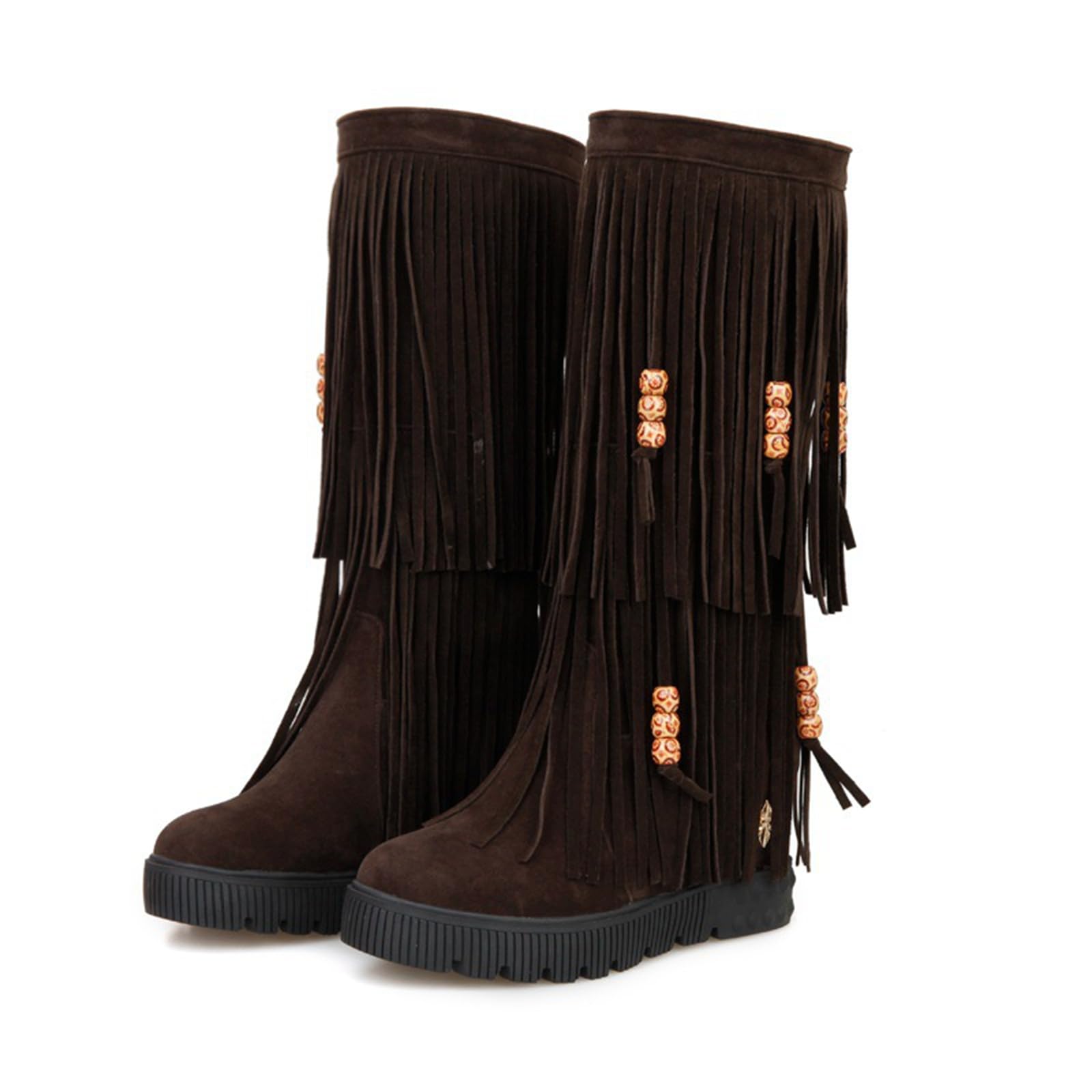 Womens Tassel Suede Mid-Calf Boots Autumn And Winter Thick-Soled Moccasin Knee-High Boots Suitable For Shopping Dating Music Festivals