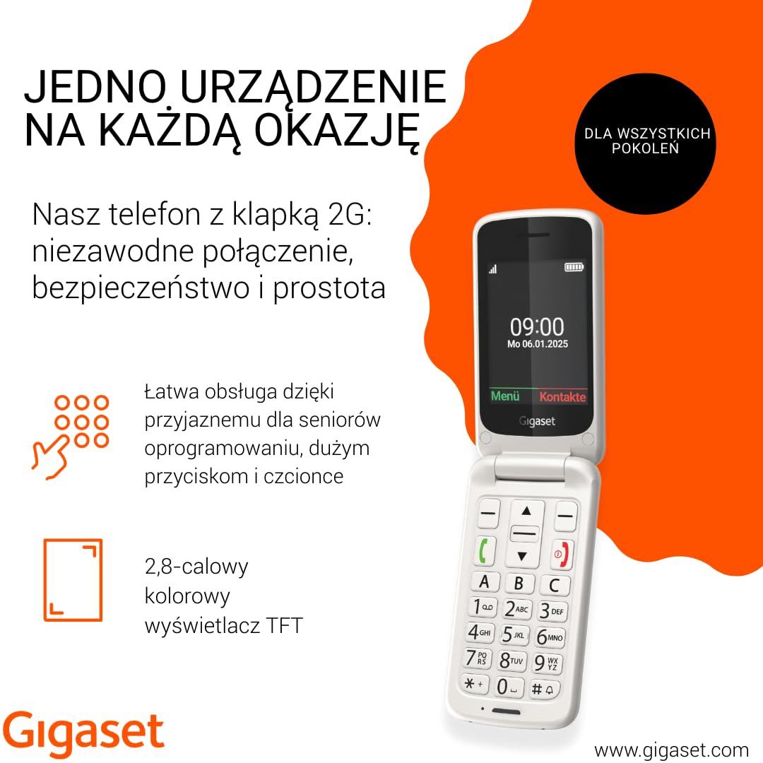 Gigaset GL595 – telefon z klapką i przyciskiem SOS, kolor perłowo-biały