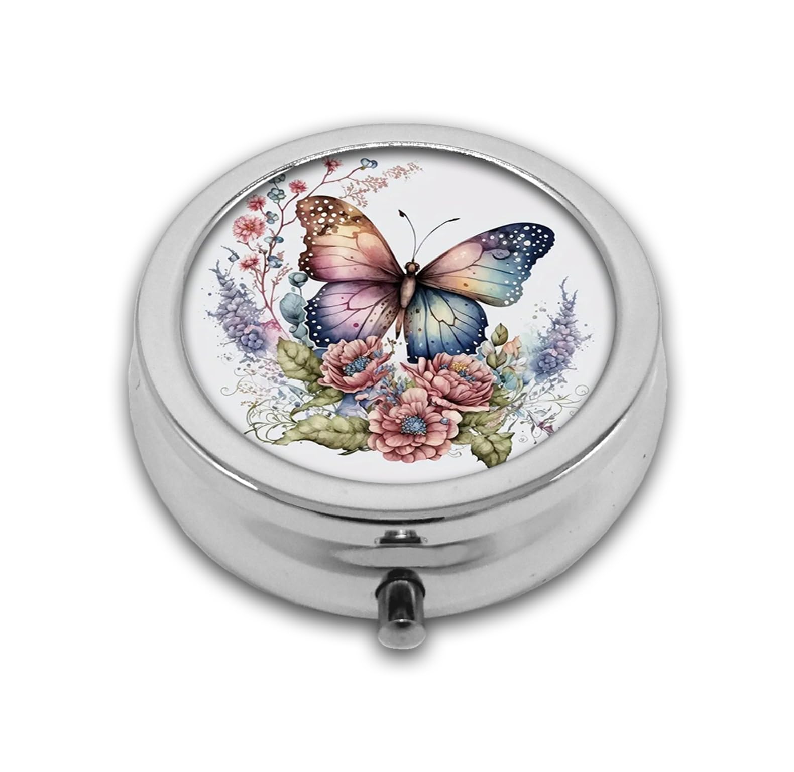 Pill Box,Vintage Butterfly Floral Round Pill Box 3 Compartment Decorative Pocket Purse Portable Mini Travel Medicine Tablet Vitamin Holder Organizer