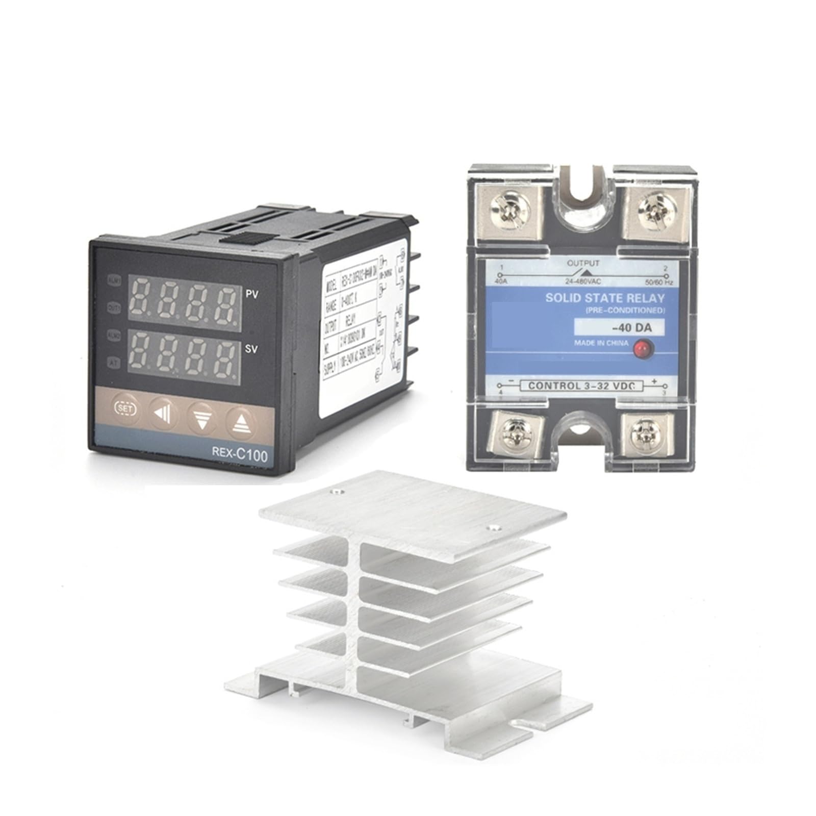 REX-C100 PID Temperature Controller, PT100 Input, SSR Output, 40DA Relay, Aluminum Radiator & 1M Cable 1pc(Set 3)