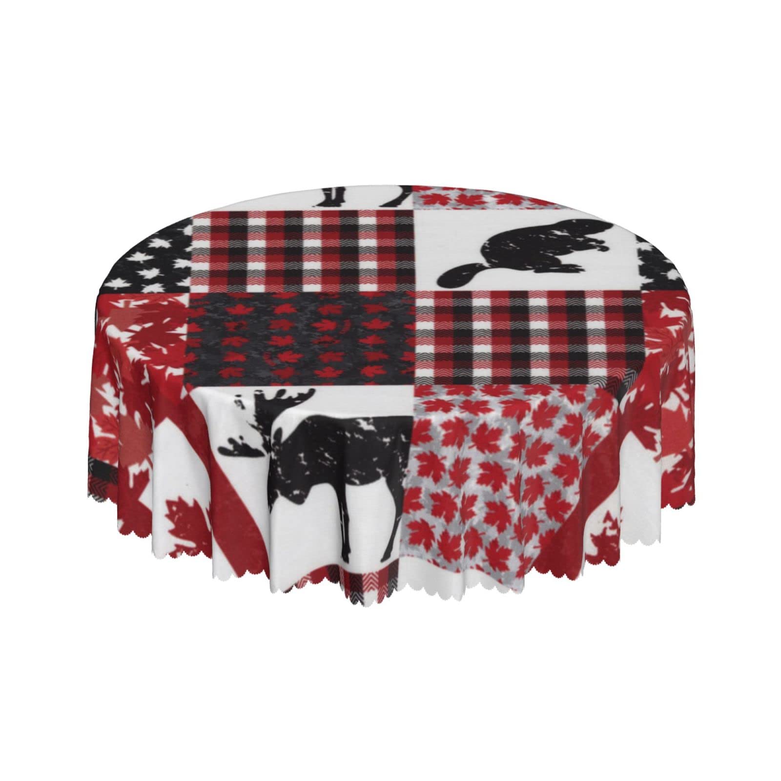 Lsjuee Canada Maple Leaf Plaid Patchwork Red Round Tablecloth 60 Inch Printed Washable Tablecloth for Dining Party Holiday Fall Home Decorative