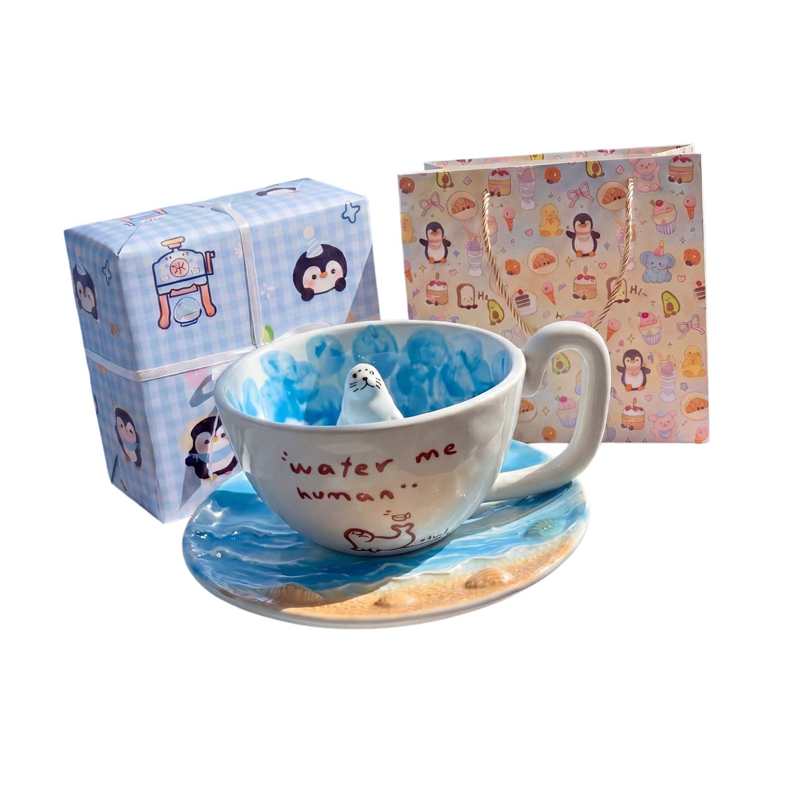 Pangboer A Home Desk Ceramic Mug Boxed Set With Saucer, Spoon Nd Seal Rtwork For Coffee Te Or Milk, Decorative Bedside Cup Use Seal Ceramic Mug Boxed Cup Spoon Coffee Te Milk Home Desk Bedside Decorative Box