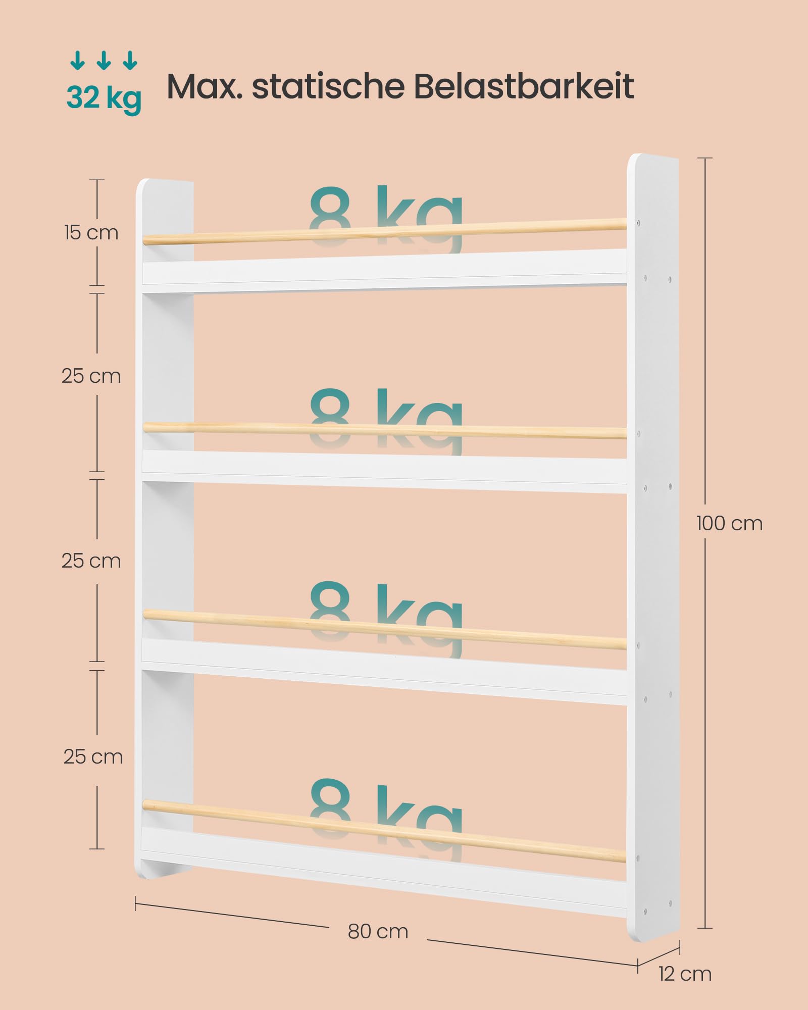 SONGMICS Bücherregal Kinder, 4 Ebenen, Spielzeugregal, Wandregal, weiß-naturfarben GKR014W01