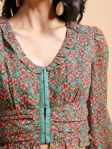 Image of Tokyo Talkies Women's Floral Printed V-Neck Top | Cuffed Sleeves | Elegant & Feminine | Perfect for Work & Casual Chic | Tops for Woman | Women Tops | Women Crop Top