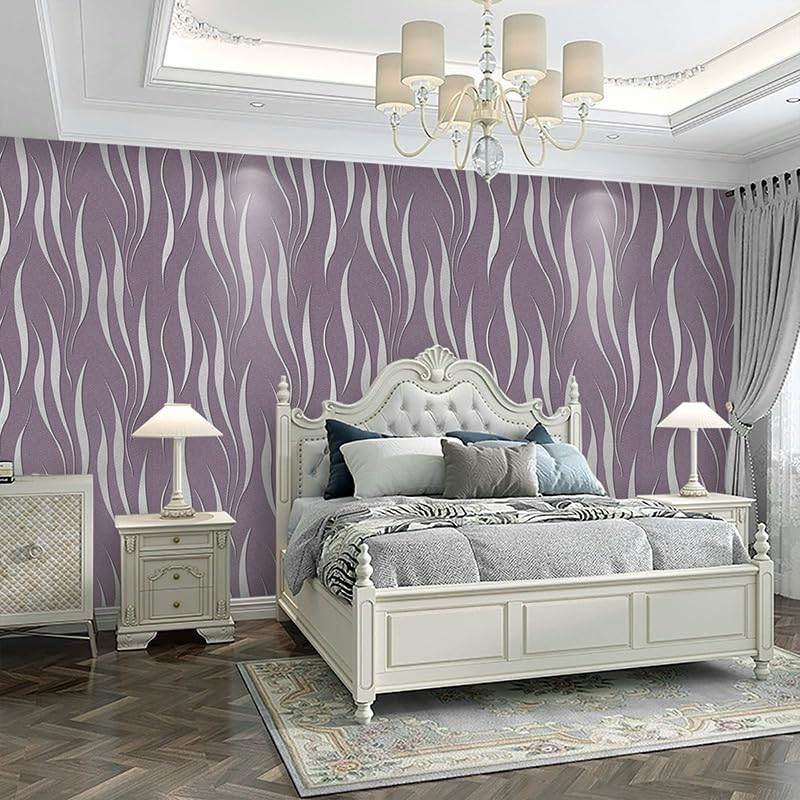 Tarwanear Silver Purple Non-Woven Wallpaper Textured 3D Flocking Embossed Wallpapers 53cm x 9.5m Wave Stripes Wall Paper Roll for Bedroom Adults Teenager Living Room Lounge Hallway Hall — image 1
