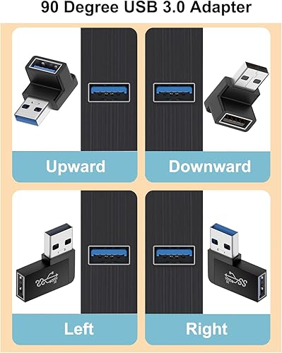 Miniatura 2 de Adaptador USB 3.0 de 90 grados (paquete de 4), ángulo vertical hacia arriba y hacia abajo, conector extensor USB macho a hembra de ángulo izquierdo