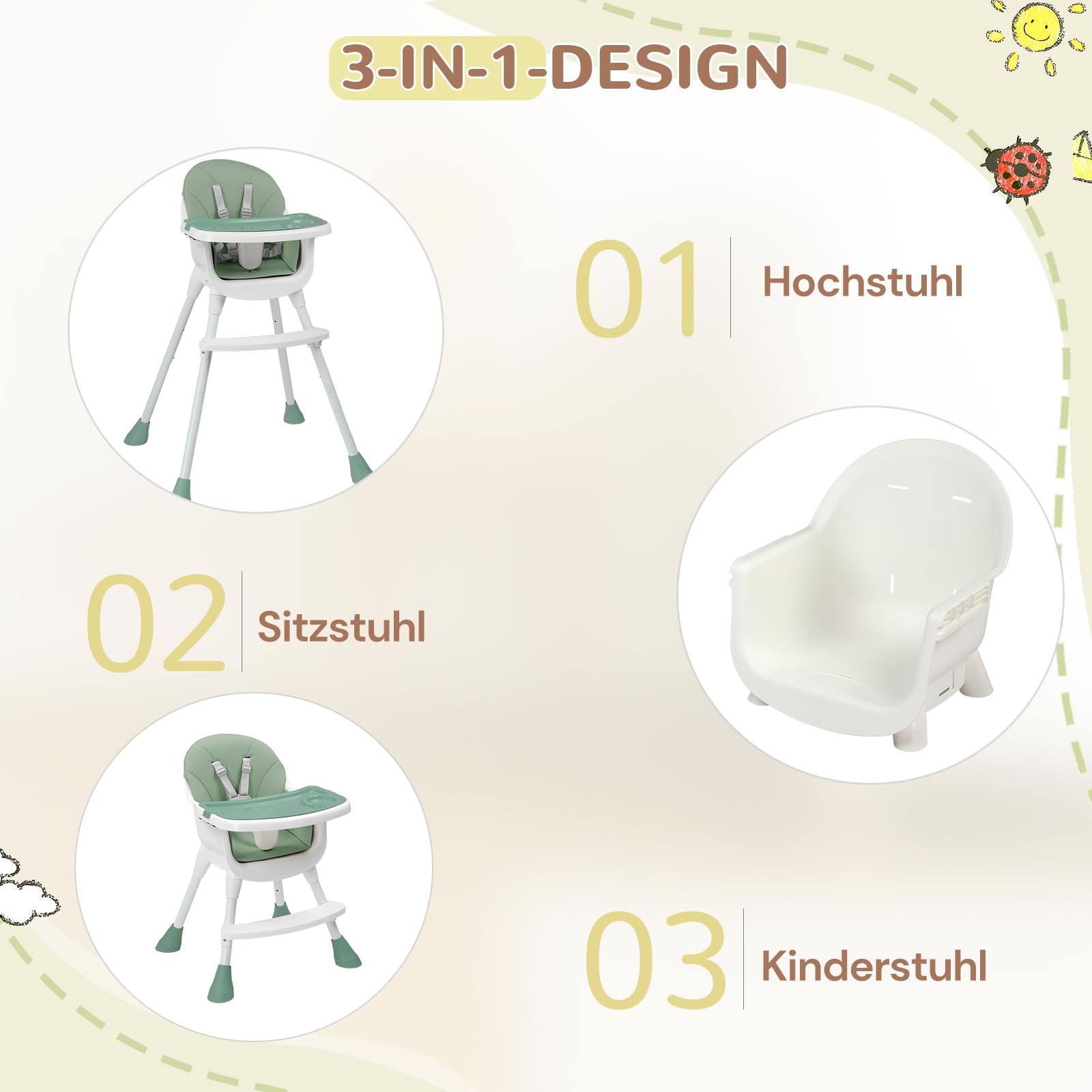 LEADZM Seggiolone 3 in 1, regolabile per sgabello basso, doppio vassoio rimovibile, con cintura di sicurezza a 5 punti, carico massimo 15 kg, adatto per bambini dai 6 ai 36 mesi (verde)