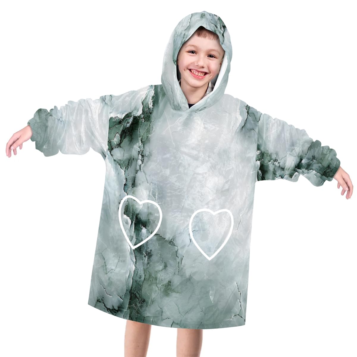 Pardick Wearable Blanket Hoodie for Kids, Marble Light Green Fleece Sweatshirt Blanket Oversized Blanket Sweatshirt with Pocket Flannel Warm Hooded Blanket 6-10 Year Old Girl Boy Gift, One Size