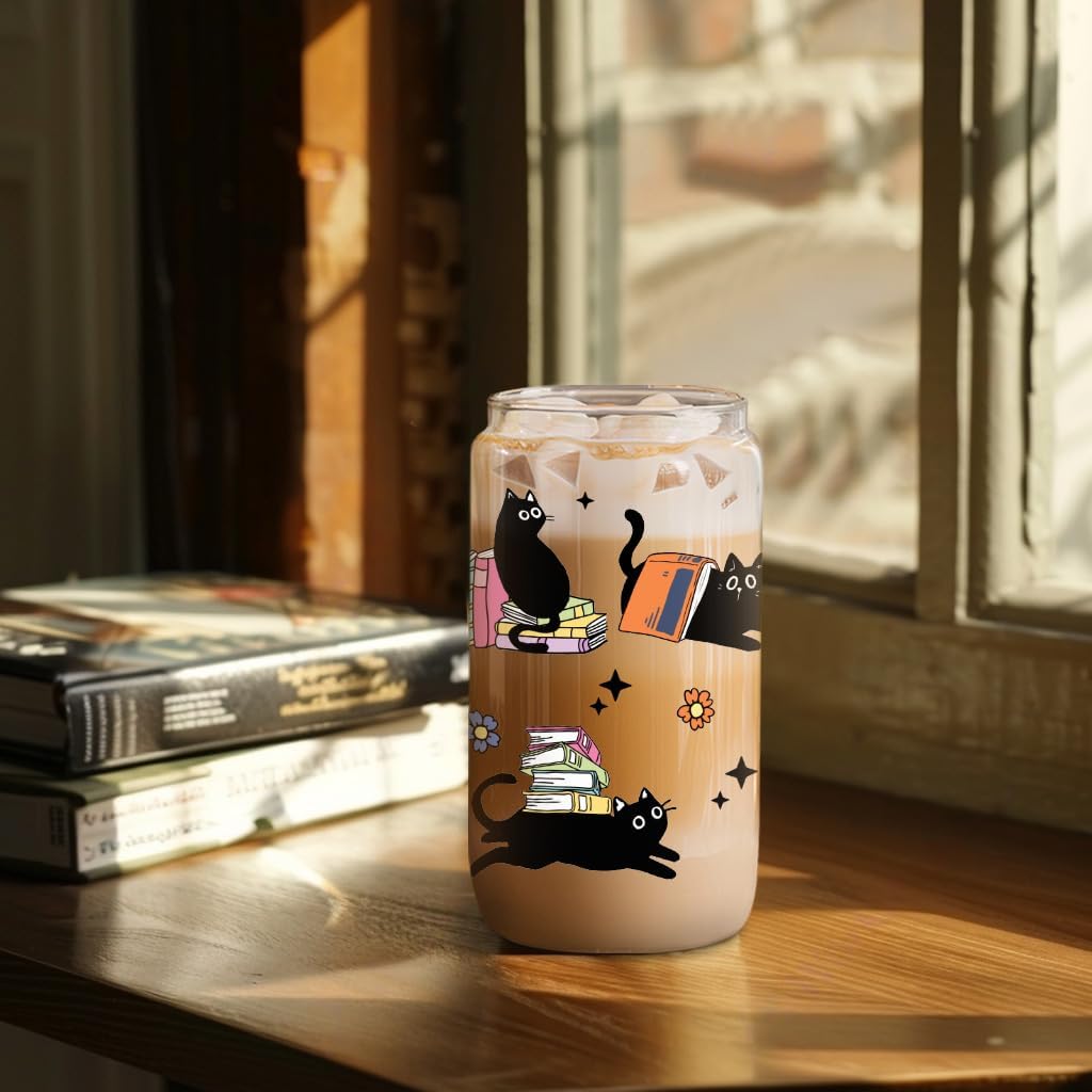 GSPY Black Cat Glass Cup, Funny Gifts for Cat Lovers & Book Lovers, Cute 16 oz Cat Themed Iced Coffee Cups - Bookish, Reader Tumbler Mug - Valentines Day, Bday, Book, Reading Gifts for Women, Men, Her - Image 6