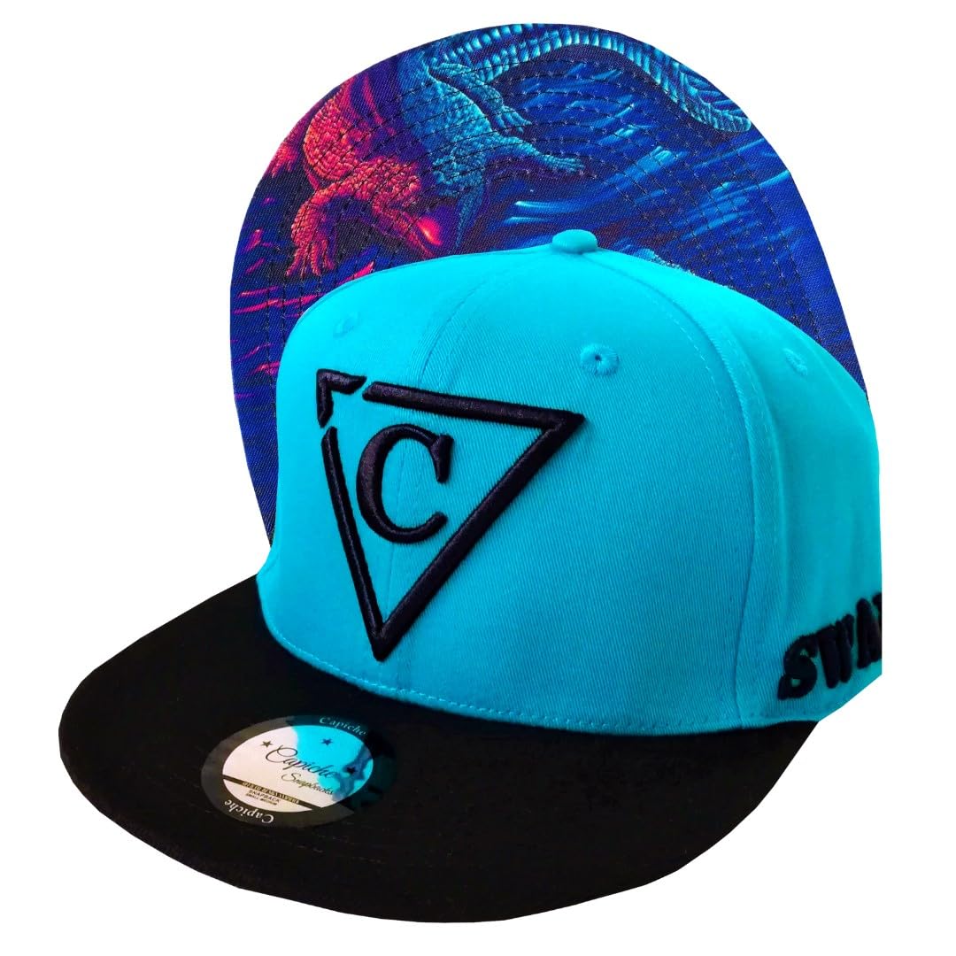 Capiche [99+ Variations] Blue Snapback Hat for Men, Crocodile, Light Baseball Cap, Cotton, Swamp Aligator, Cool Hats, Gorras, Animal Tattoo Wildlife, Adjustable, Black Brim, Florida Hat, Gators