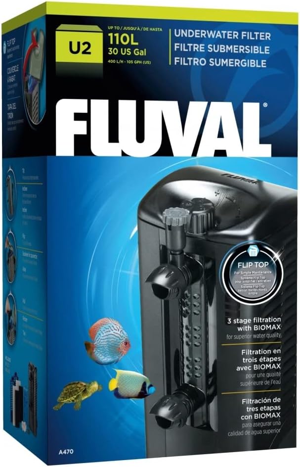 U2 Internal Aquarium Filter – Up to 110 Litre Fish Tanks, 400 L/H Adjustable Flow, 3-Stage Filtration with BioMax, Freshwater, Marine & Reptile Use
