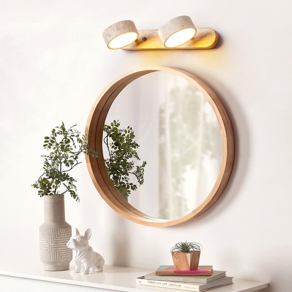 2-Light Stone Wall Sconce Wabi-Sabi Art Lighting Fixture Farmhouse Decor Vanity Light Fixture, Bathroom Travertine Rotatable Wall Lights for Bedroom, Foyer, Entryway,Stairs (Wood Color)