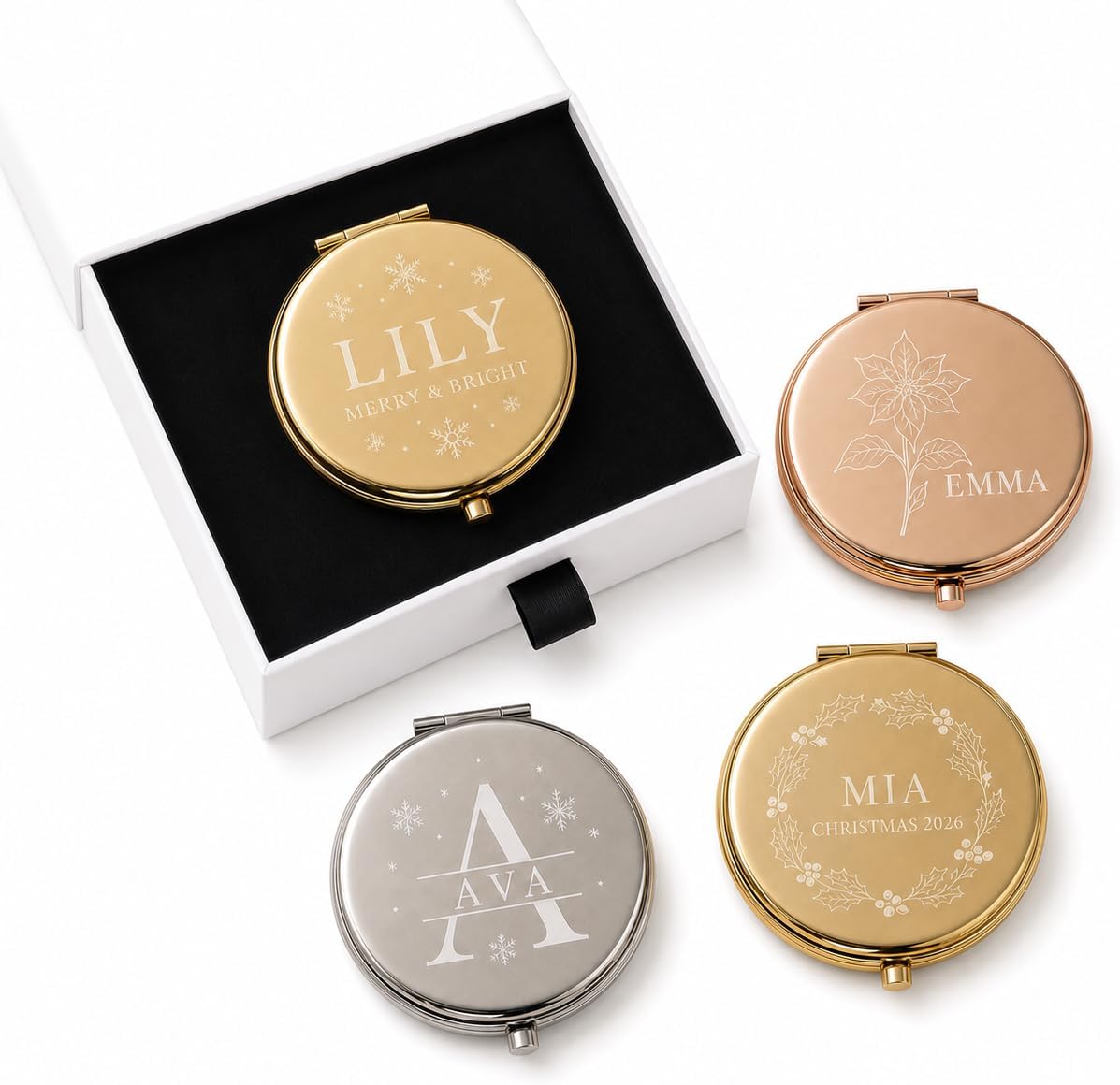 Personalized Christmas Compact Mirror, Engraved Stocking Stuffer Gift
