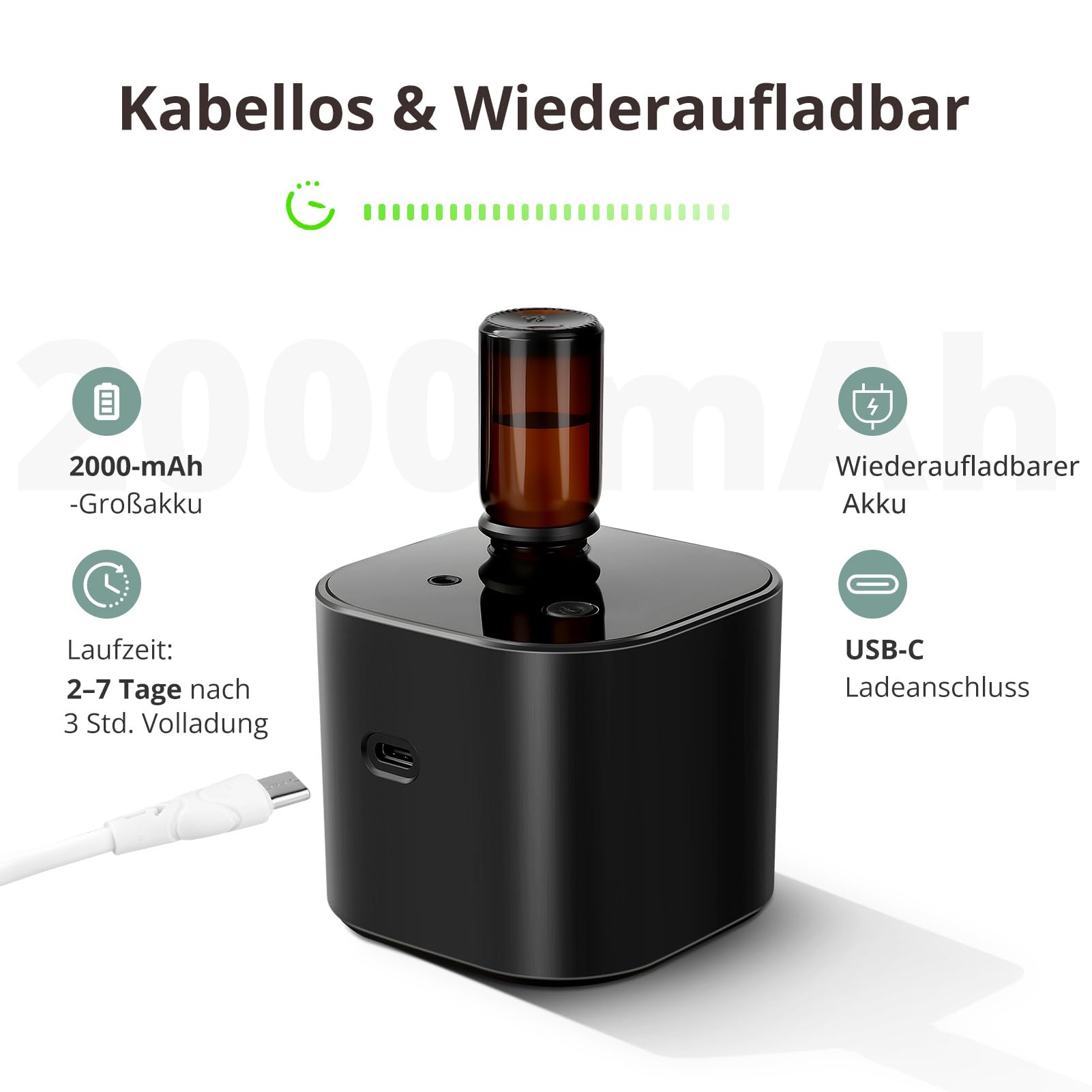 Diffuseur d'huiles essentielles sans fil - Diffuseur d'aromathérapie avec 10 ml d'huile de thé blanc et 3 modes de pulvérisation, air froid ultrasonique silencieux, batterie 2000 mAh et USB-C pour la