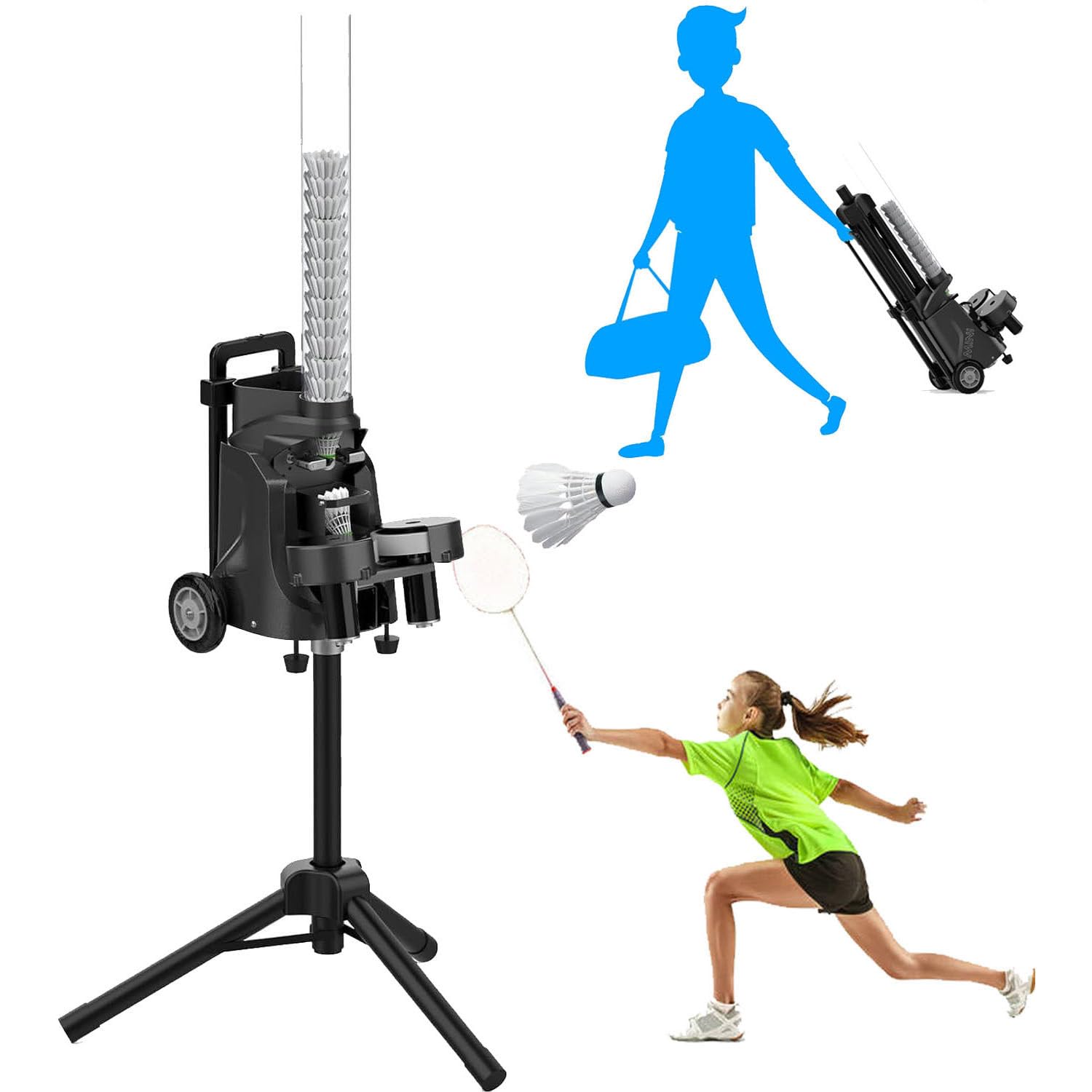Máquina lanzadora de bádminton portátil, altura y ángulo ajustables, capacidad de bola de 52+, frecuencia de servicio de 1 a 5 segundos, para entrenamiento en interiores y exteriores
