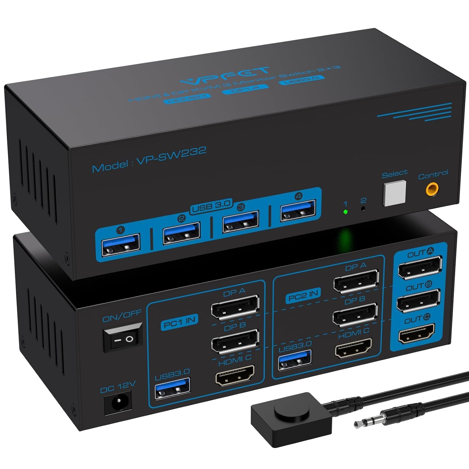 VPFET 8K60Hz Displayport HDMI KVM Switch 2 PC 3 monitory USB 3.0 DP1.4 + HDMI 2.1 przełącznik KVM do dwóch części komputerowych, trzy monitory i 4 urządzenia USB z 2 kablami USB i kontrolerem