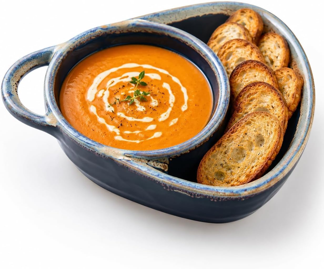 Soup and Sandwich Bowl, Ceramic Plate Combo with Bread Holder (Blue)