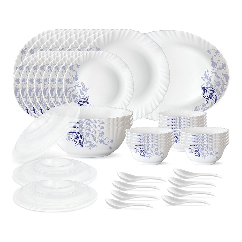 Larah by BOROSIL Blue Eve Silk Series Opalware Dinner Set, 47 Pieces, White & Larah by Borosil Opalware Classic Cup and Saucer Set, 145ml, 12-Pieces, White, HT12CS14CSC1, HT12CS14CSC1 1
