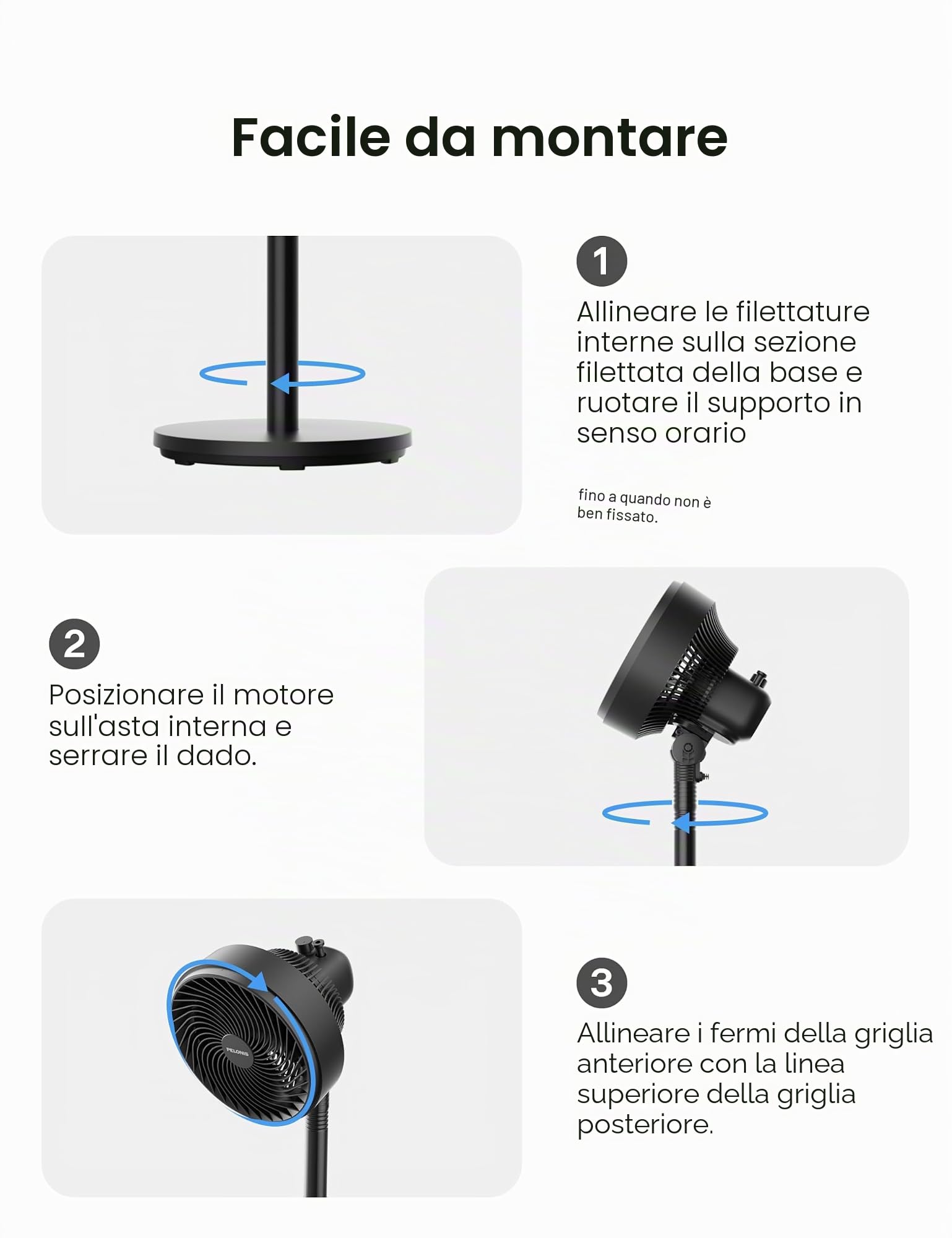 PELONIS Ventilatore a Colonna Altezza Regolabile 4 Livelli, Ultra Silenzioso con Oscillazione 90° & 3 Velocità per Camera, Ufficio