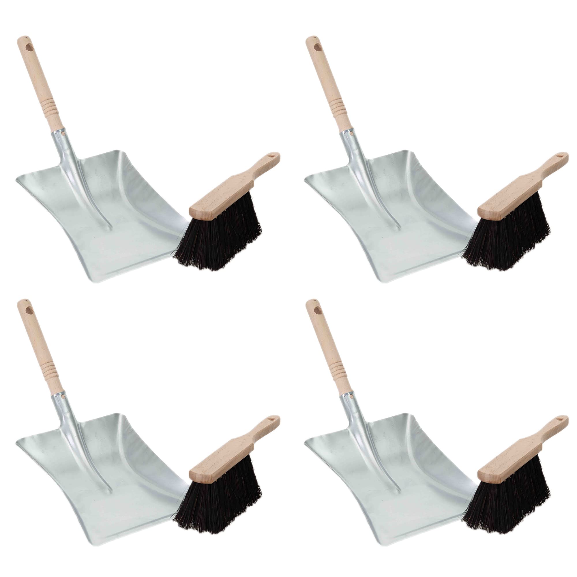 Novaliv Juego de 4 recogedores de mano Arenga, cerdas y recogedor de metal plateado galvanizado, escoba para barrer la mano, juego de recogedor y recogedor