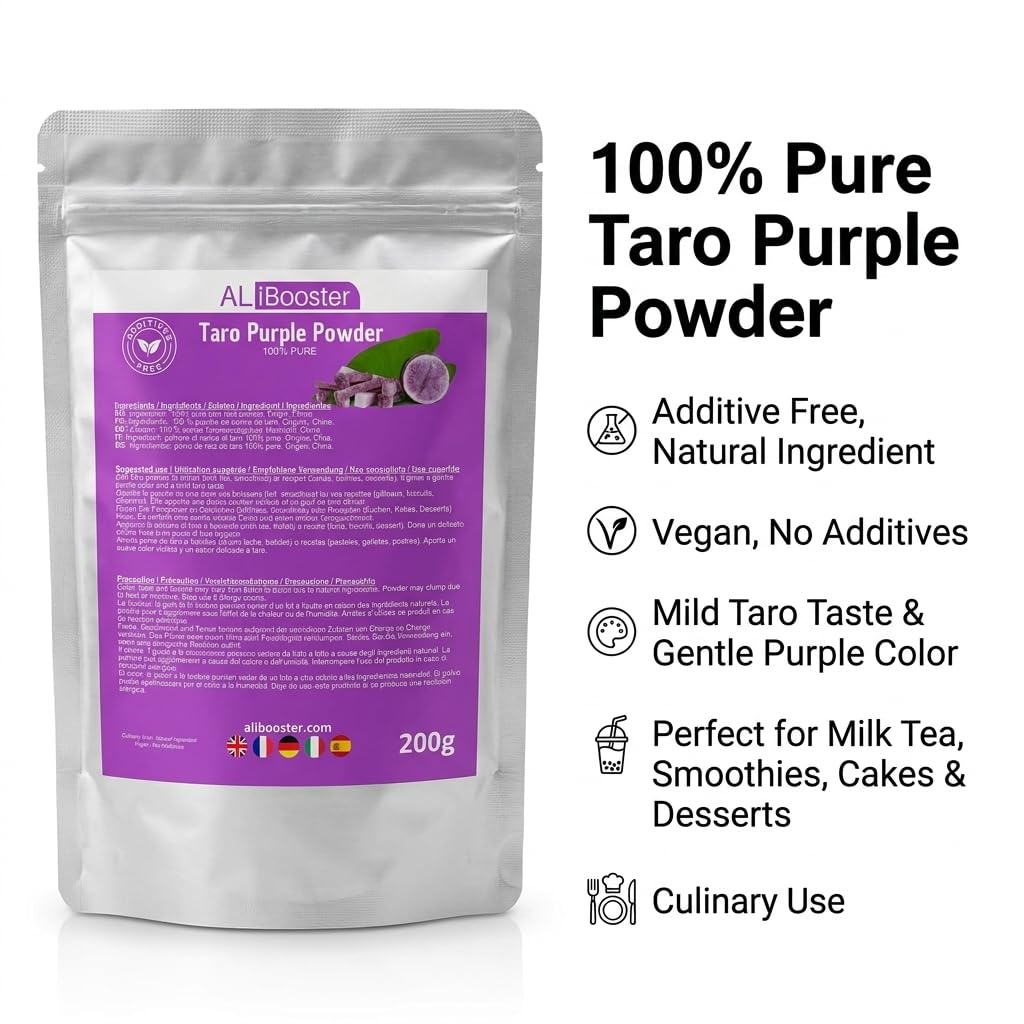 Polvere di taro viola 200 g - 100% pura - Per bubble tea, tè al latte, frullati, pasticceria - Colore viola naturale - Confezione richiudibile