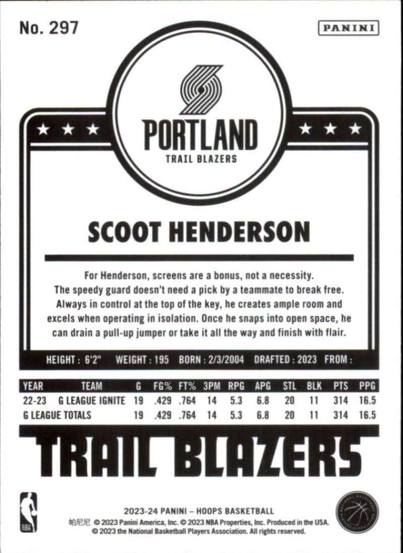 2023-24 NBA Hoops Teal Explosion #297 Scoot Henderson Portland Trail Blazers Official Panini Basketball Trading Card (Stock Photo Shown, Card in Near Mint to Mint Condition)