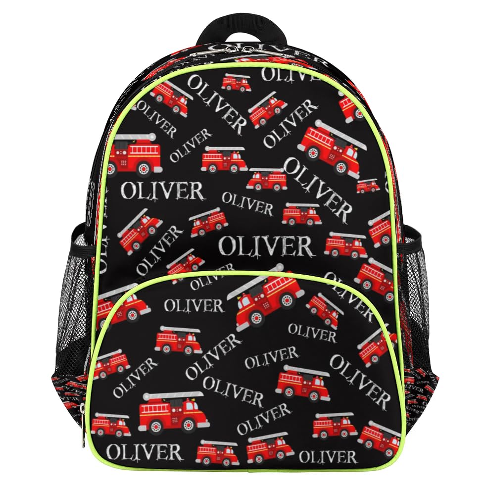 Personalized Toddler Kids Backpack, Custom Mini Backpacks for Preschool, Schoolbag for Boys Girls Black Fire Truck