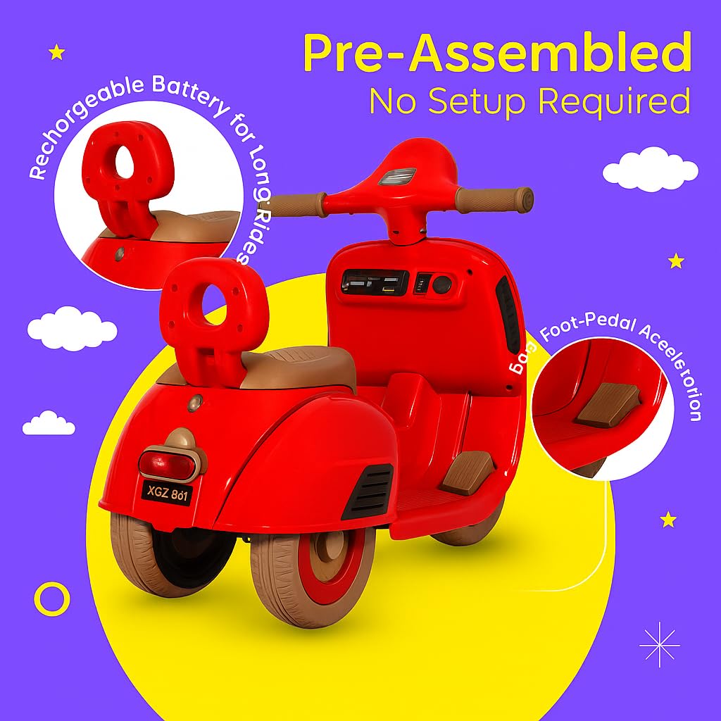 Toyify Rechargeable Battery Operated Vespa Scooter for Kids, Ride on Toy scooty with Light & Music | Electric Bike for Baby 1 to 4 Years Boys Girls (Red) - Image 6 thumbnail