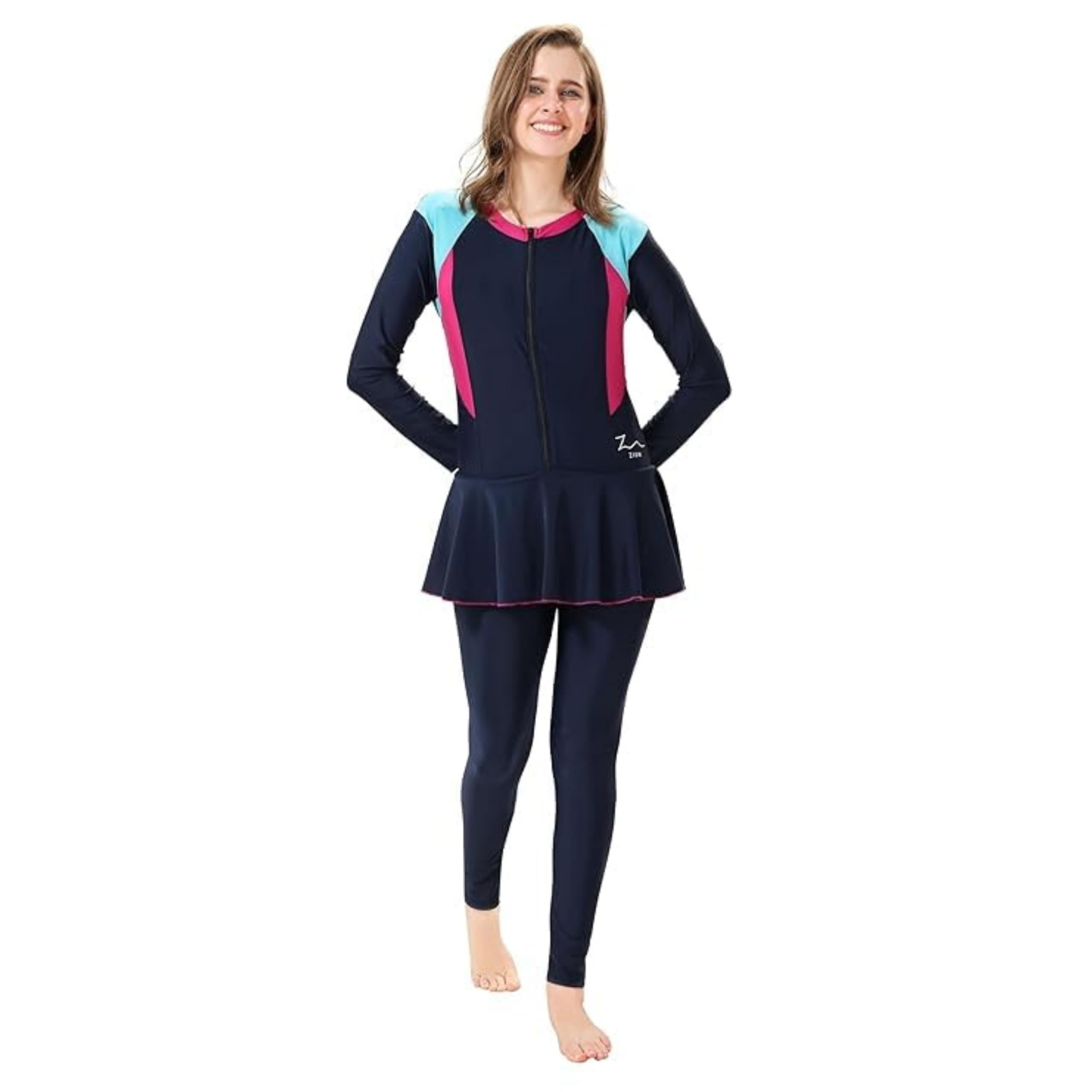 Full Body Swimsuit for Women I Inner Lining with Detachable Pads Attached I 4 Way Stretchable Polyester Lycra I Full Length with Full Sleeves I Front Zip Opening-image-35