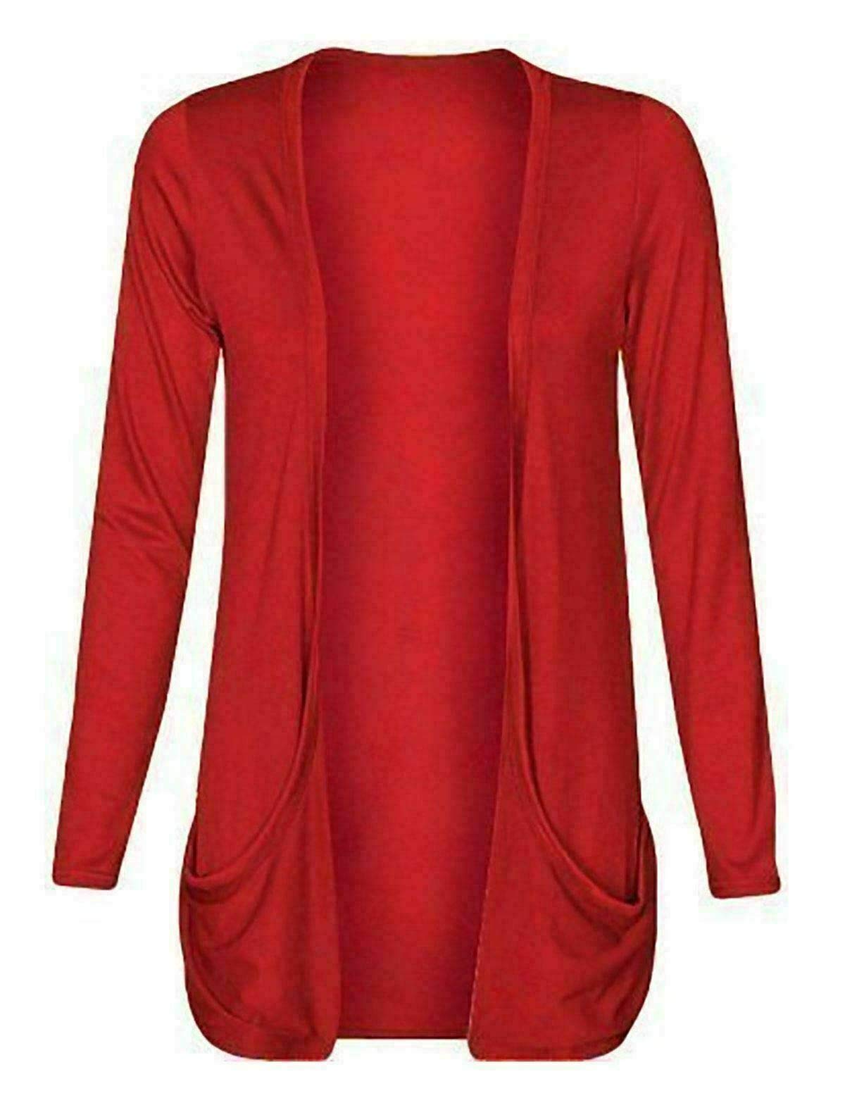 FAIRY BOUTIQUE Ladies Long Sleeve Pocket Boyfriend Cardigan Womens Open Front Plain Casual Party Wear Cardigan Top Red