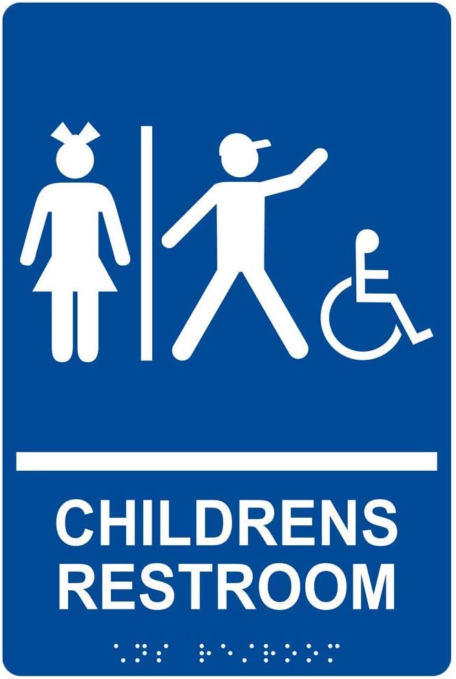 ComplianceSigns.com Wheelchair Accessible Childrens Restroom Sign, ADA-Compliant Braille and Raised Letters, 9x6 in. Blue Acrylic with Mounting Strips
