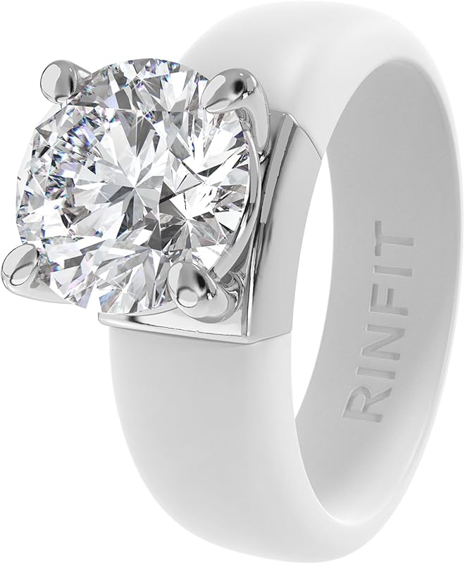 Rinfit Silicone Ring with Stone, Round Cut CZ | AAAAA Grade Cubic Zirconia, Solitaire Engagement Ring for Her, Flexible Rubber Wedding Band for Women, Patented Design