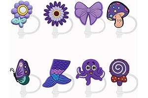 Purple Flower Bow Mushroom and Butterfly Straw Cover Set