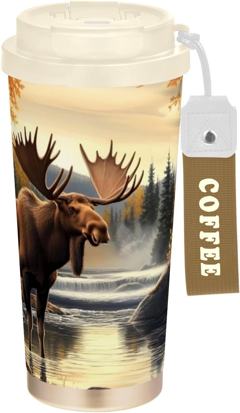 Moose Vintage Landscape Insulated Coffee Mug with Straw & Flip Lid, 16.9oz Iced Tumbler Cup, Double Wall Vacuum Leak-Proof Mug for Travel Office
