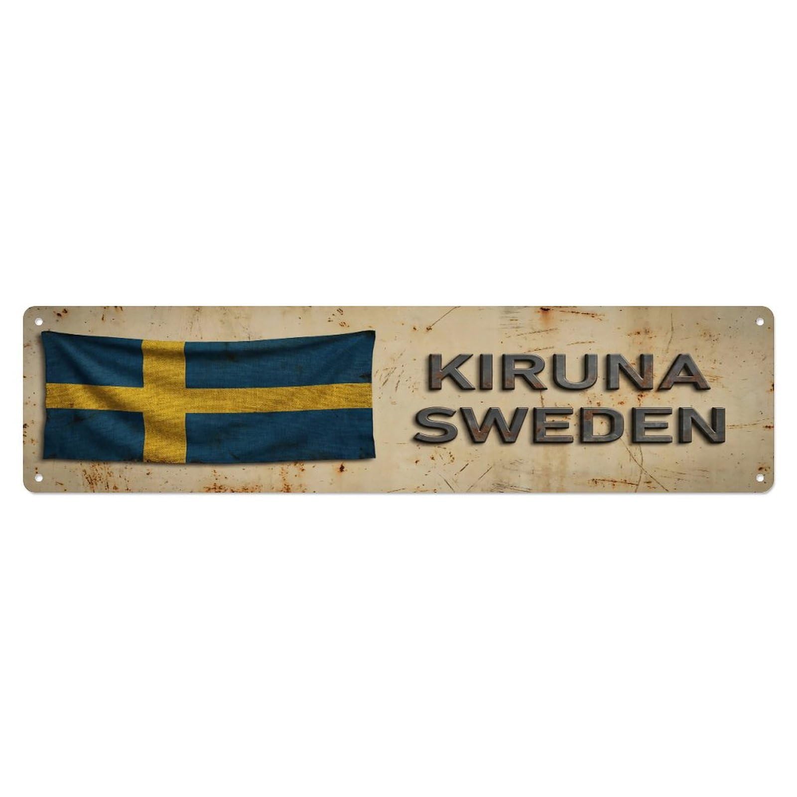 Vintage Kiruna Sweden Flag Decor Rustic Travel Metal Tin Sign