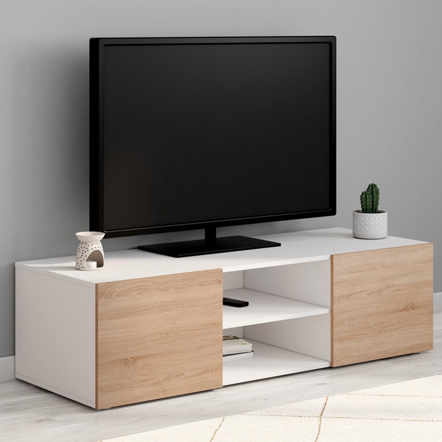 Meuble TV 140 Cm ELI - Bois Façon Hêtre Et Portes Blanches - 2 Placards + 1 Abattant + Niche