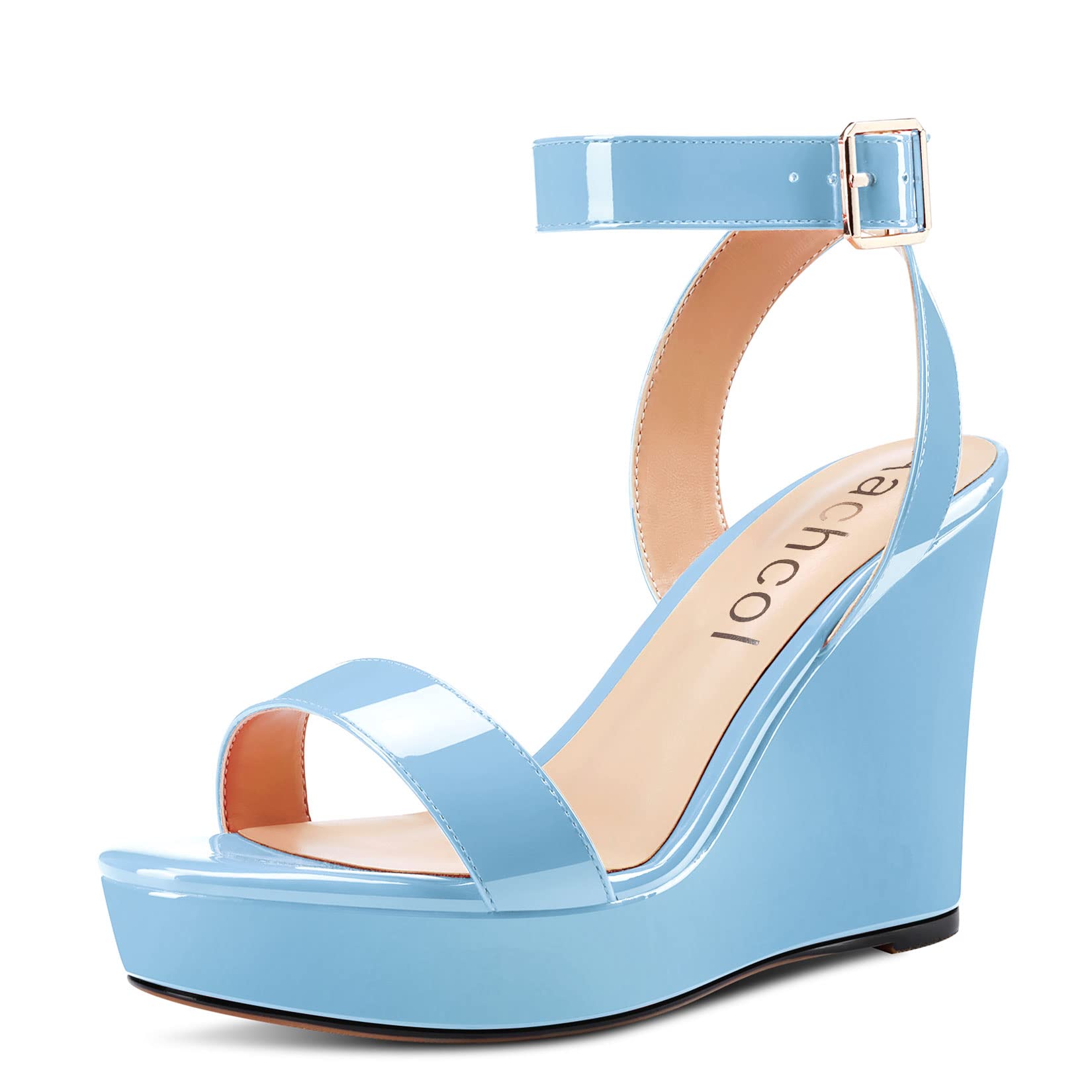 Aachcol Women Platform Wedge Sandals Round Peep Open Toe Ankle Strap Slingback Two-Piece Chunky Block High Heel Dress Shoes Pumps Party Patent 4 Inch