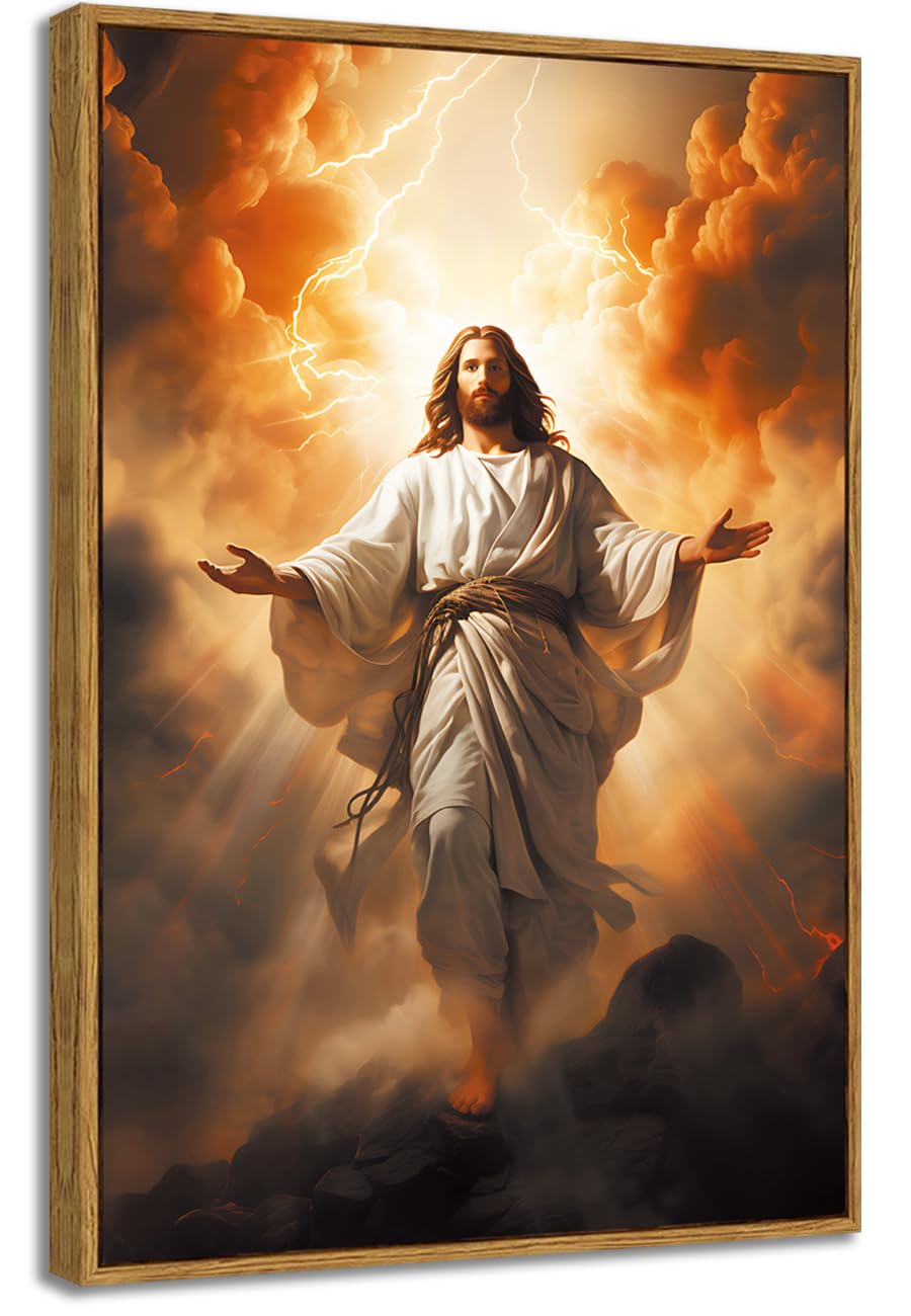 BingruiArt Jesus Canvas Wall Art Christian Wall Decor Jesus Christ Portrait Catholic Picture God Painting Print Divine Mercy Poster for Prayer Room Living Room Bedroom Church 36"x24" Natural Framed