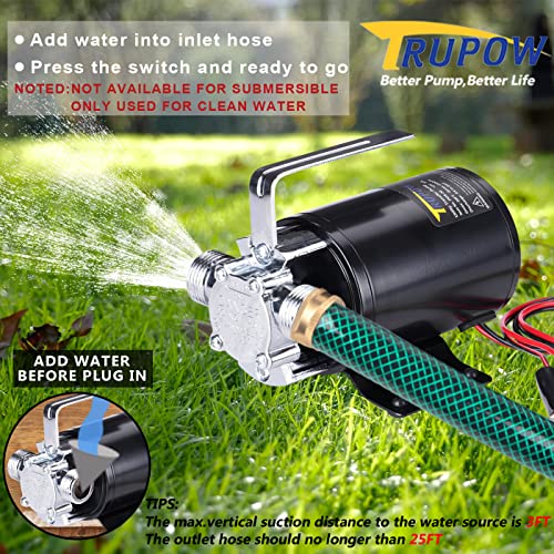 Image of Trupow DC 12-Volt 1 /10HP 330GPH Battery Powered Mini Portable Electric Utility Sump Transfer Water Pump with Water Hose Kit Black