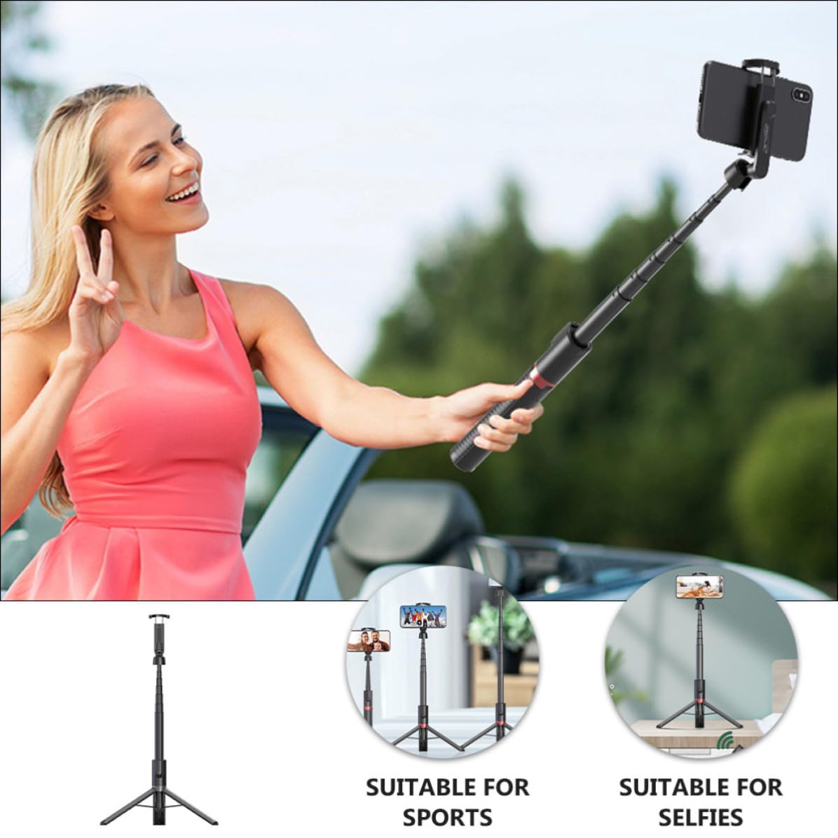 Trípode Selfie Inalámbrico para Teléfono, Aluminio Negro