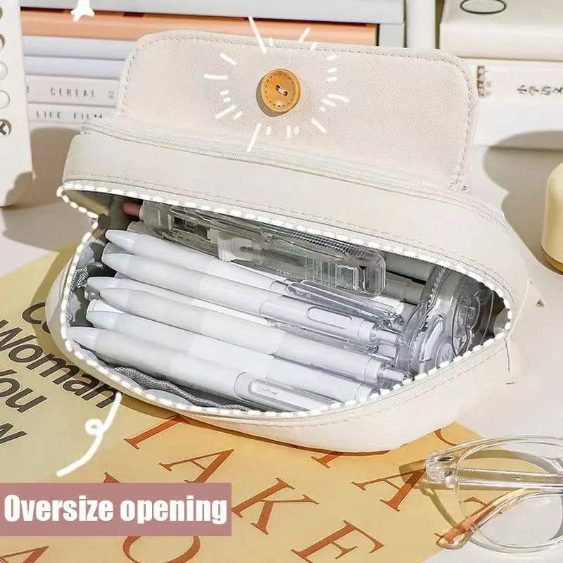 Zibuyu® Aesthetic Pencil Pouch for Girls & Boys Double Layer Zip-Up School Pouch, Canvas Pen Storage Organizer Fashion Stationery Pouch for Students, Office Supplies(21x11x7.5cm, Beige) 4
